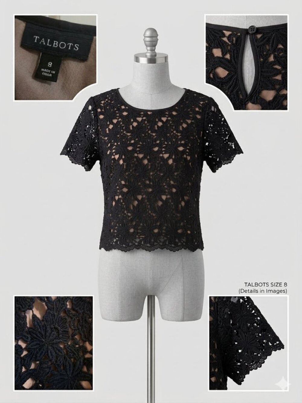 Talbots Navy Blue Floral Lace Overlay Blouse Nude Tan Lined Size 8 Side Zip Eleg